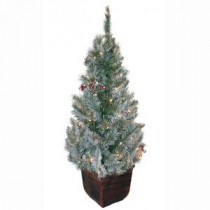 General Foam 4 ft. Pre-Lit Potted Frosted Pine Artificial Christmas Tree with Berries and Pine Cones-HD-E141C1F 203321107