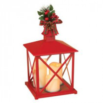 Gerson 14.76 in. H Red Plastic Lantern with Glass, Pinecone and Mistletoe with Plaid Bow and 3 LED Plastic Candles-2300730EC 300358785