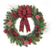 Home Accents Holiday 24 in. Artificial Pine Wreath with Red Plaid Bow-2323320HD 206954455