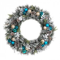 Home Accents Holiday 30 in. Flocked Pine Artificial Wreath with Blue Plate Balls-2321660HD 206771290