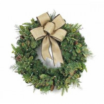 Home Accents Holiday 30 in. LED Pre-Lit Nature Inspired Artificial Christmas Wreath with Burlap Bow and 50 Battery-Operated Warm-White Lights-CHZH3811604THY 206771163