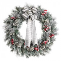 Home Accents Holiday 30 in. Snowy Pine Artificial Wreath with Pinecones and Berries-2314620HD 206768340