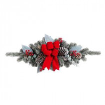 Home Accents Holiday 32 in. Snowy Pine Swag with Pinecones Berries and Red Velvet Bow-2321060HD 206771255