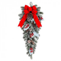 Home Accents Holiday 32 in. Snowy Pine Teardrop with Pinecones Berries and Red Velvet Bow-2321050HD 206771264