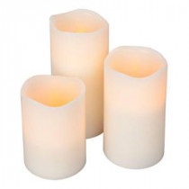 Home Accents Holiday Flameless Timer Pillar Bisque Color Candles with Wavy Edge (Count of 3)-1650574HD 202331635