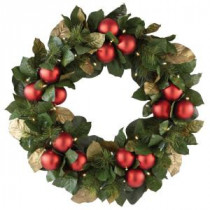 Martha Stewart Living 30 in. Pre-Lit Artificial Christmas Wreath with Magnolias and Ornaments-9754600610 300267134