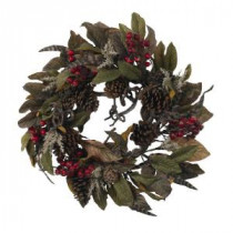Nearly Natural 24 in. Artificial Wreath with Pine Cones, Berries, and Feathers-4901 202510738