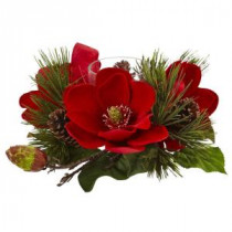 Nearly Natural 7 in. Red Magnolia and Pine Candelabrum-4894 206585526